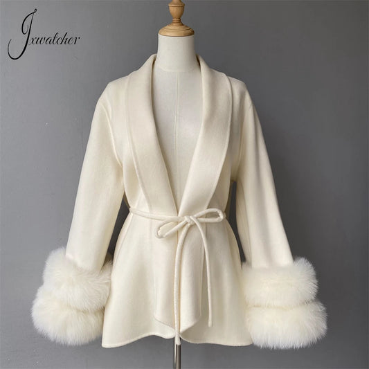 Jxwatcher Women's Wool Coats with Real Fur Cuffs Ladies Fall Fashion Wool & Blend Coats Elegant Winter Outerwear