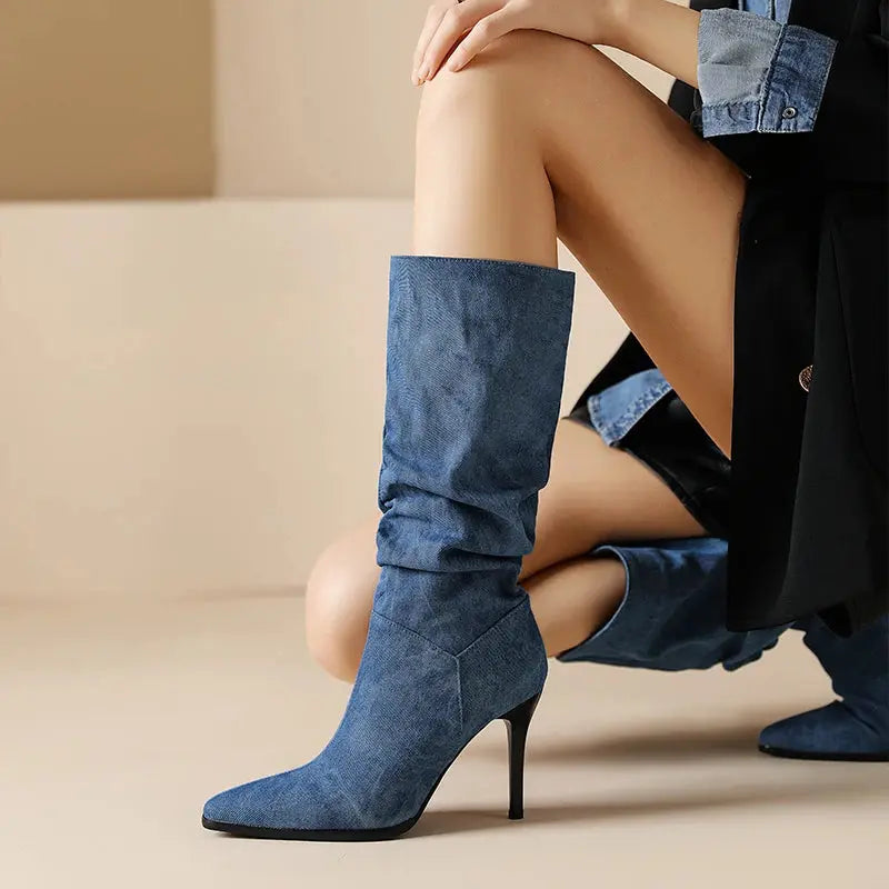 Blue Denim Knee High Cowboy Boots for Women 2025 Autumn Pleated High Heels Long Boots Woman Stiletto Heeled Jeans Botas Shoes JNi3 shop