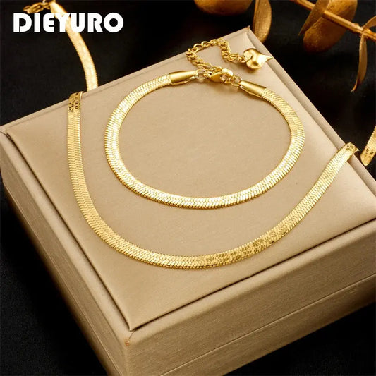 DIEYURO 316L Stainless Steel Gold Color Snake Chain Necklace Bracelets For Women Girl New Waterproof Jewelry Set Wedding Gift JNi3 shop