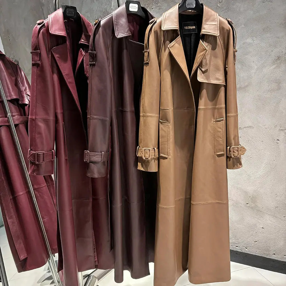 Women's Real Leather Trench Coat Long High Quality Windbreak Oversized JNi3 shop