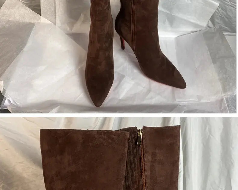 Ods Luxury Designer Sexy Pointed Toe Pole Knee High Brown Black Leather Red Sole Botas Mujer Boots For Women 8 10cm Big JNi3 shop