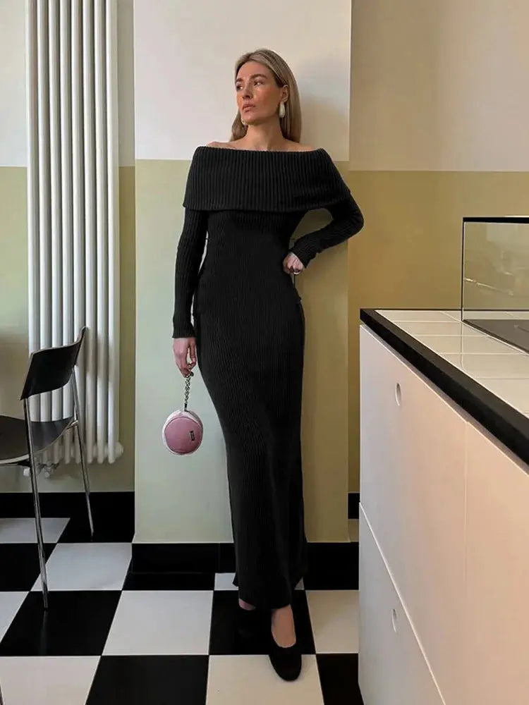Tossy Fashion Knit Long Dress Off-Shoulder Female Ribbed Loose High Waist Elegant Autumn Party Dress Ladies Knitwear Maxi Dress JNi3 shop