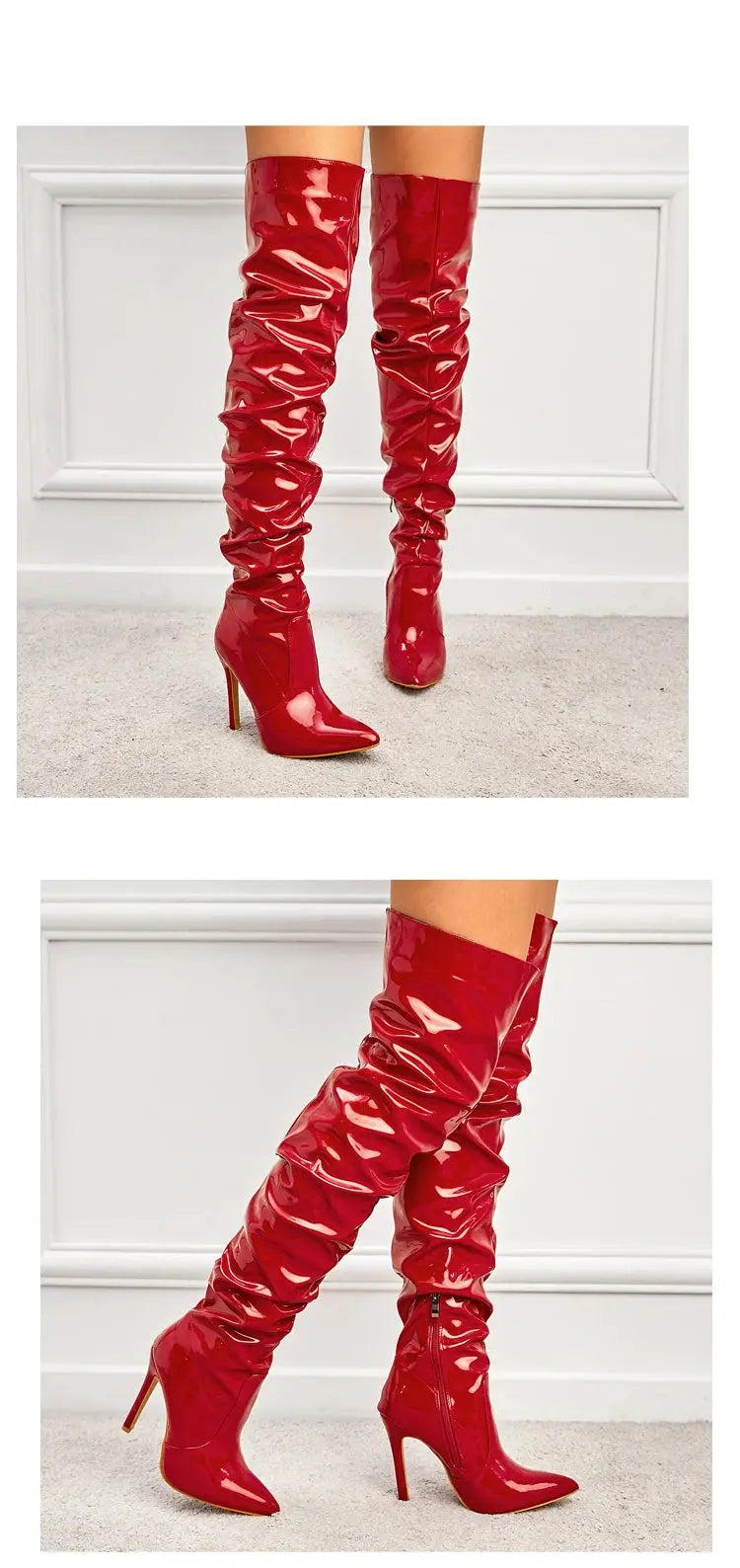 Eilyken Red Women Over The Knee Boots High Heels Patent Leather Solid Pointed Toe Stiletto Side Zipper Sapatos Femininos JNi3 shop