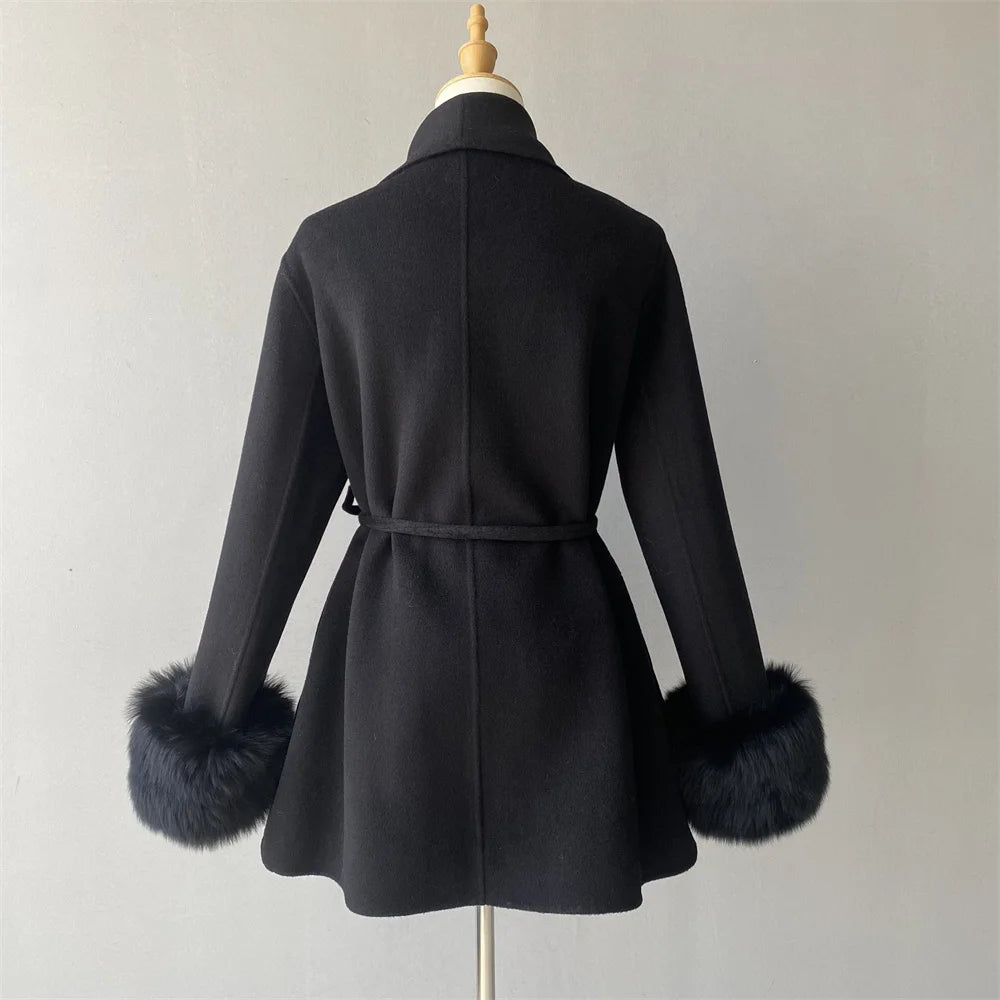 Jxwatcher Women's Wool Coats with Real Fur Cuffs Ladies Fall Fashion Wool & Blend Coats Elegant Winter Outerwear