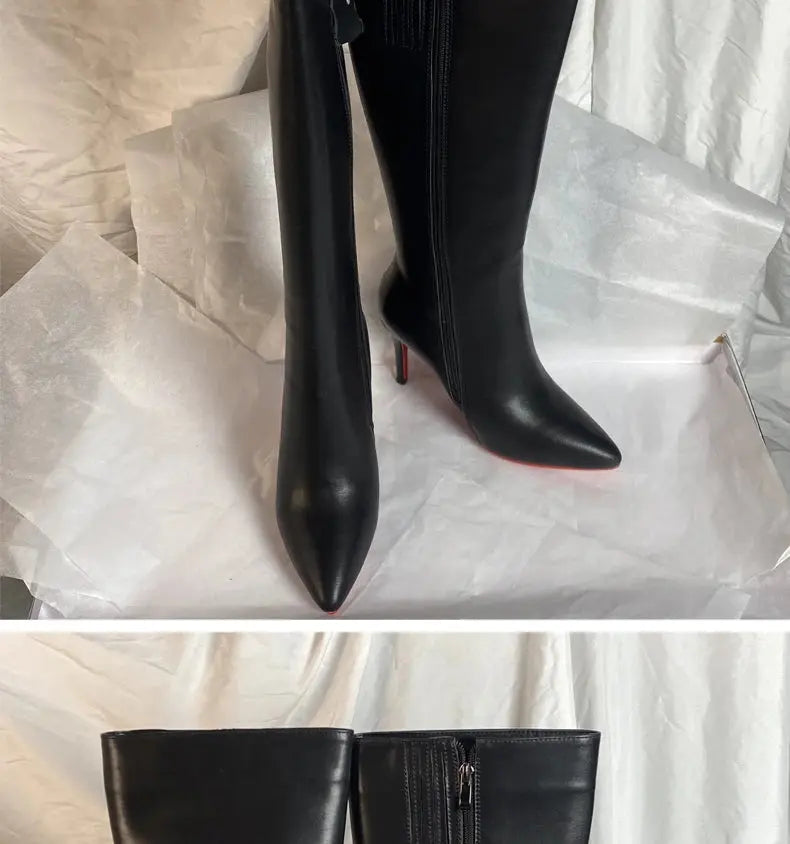 Ods Luxury Designer Sexy Pointed Toe Pole Knee High Brown Black Leather Red Sole Botas Mujer Boots For Women 8 10cm Big JNi3 shop
