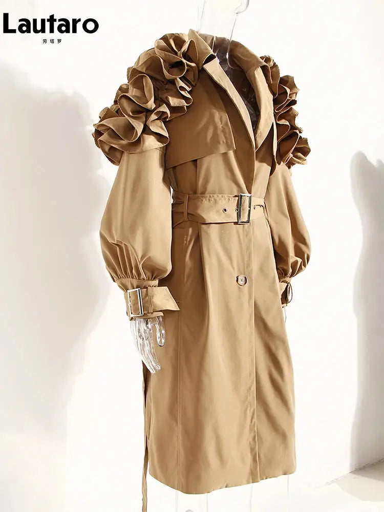 Lautaro Spring Autumn Long Black Khaki Trench Coat for Women Belt Elegant Chic Stylish Luxury Designer Clothes Runway Fashion JNi3 shop