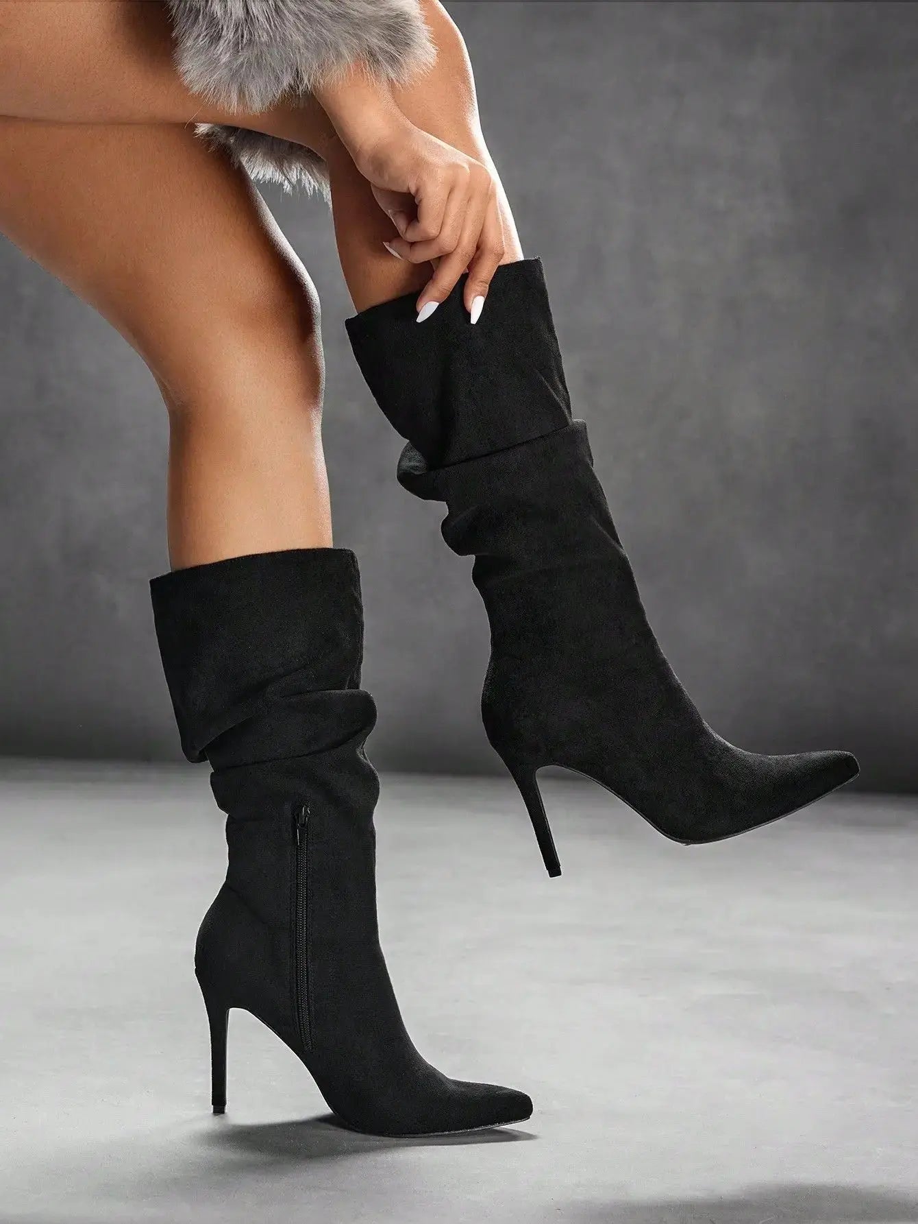 Women's Denim Slouchy Knee High Boots Stiletto Heel Pointed Toe Side Zip Trendy Autumn Winter Fashion Elegant Party Daily Wear JNi3 shop