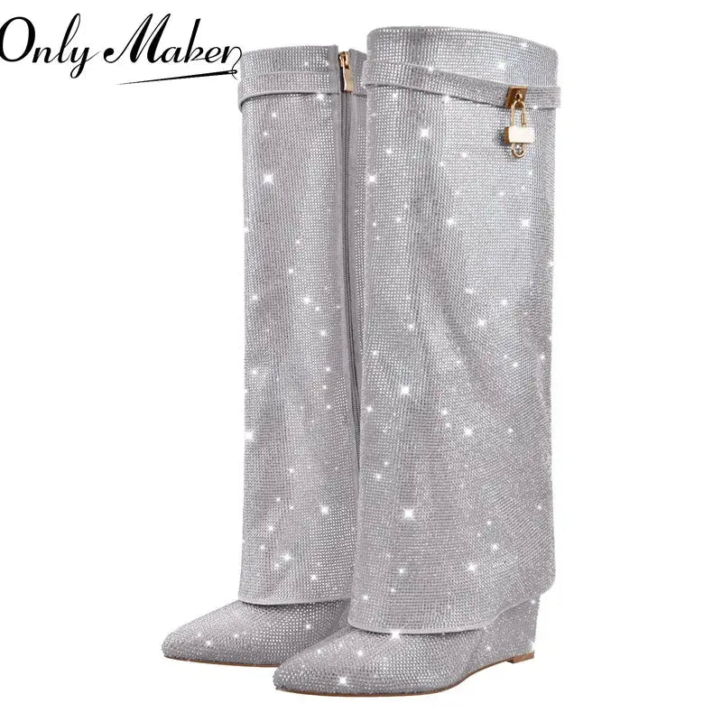 Onlymaker Women Rhinestones Knee High Boots Sexy Party Dress Wedding Shark Lock Bling Buckle Pointed Toe Boots JNi3 shop