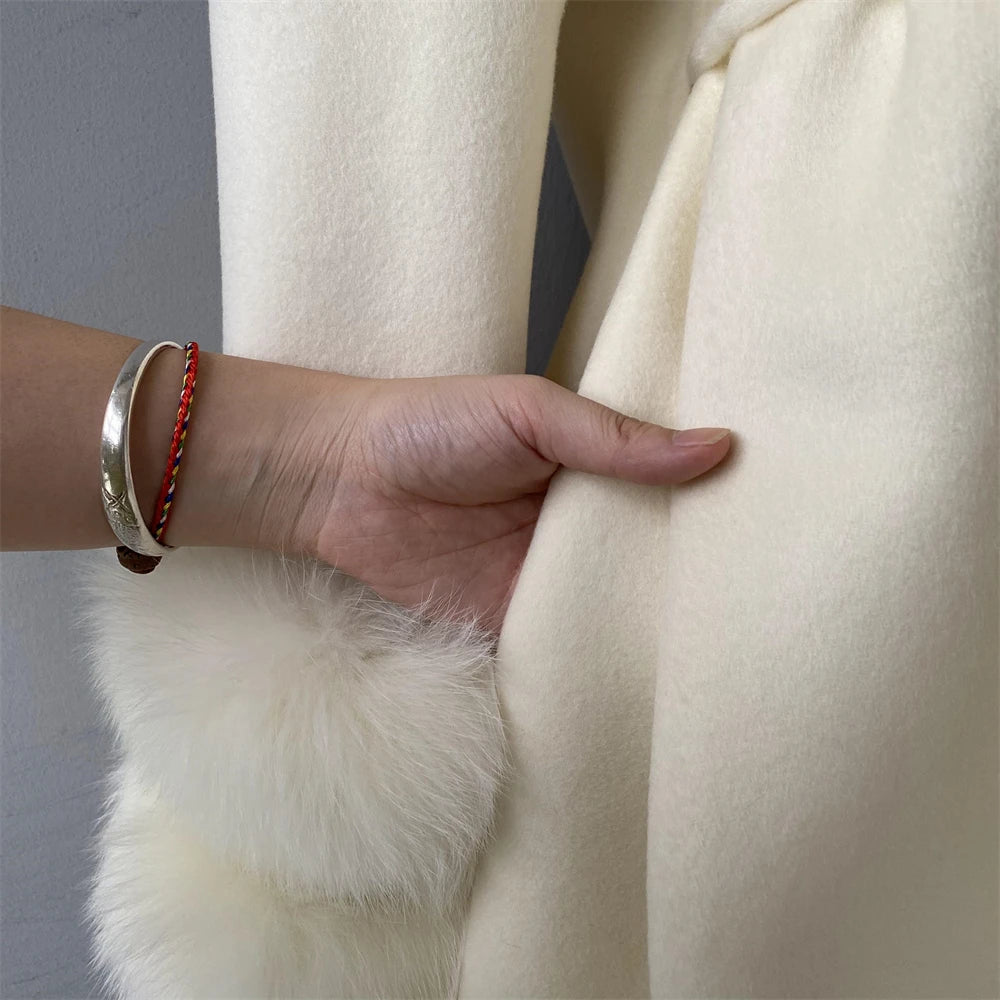 Jxwatcher Women's Wool Coats with Real Fur Cuffs Ladies Fall Fashion Wool & Blend Coats Elegant Winter Outerwear