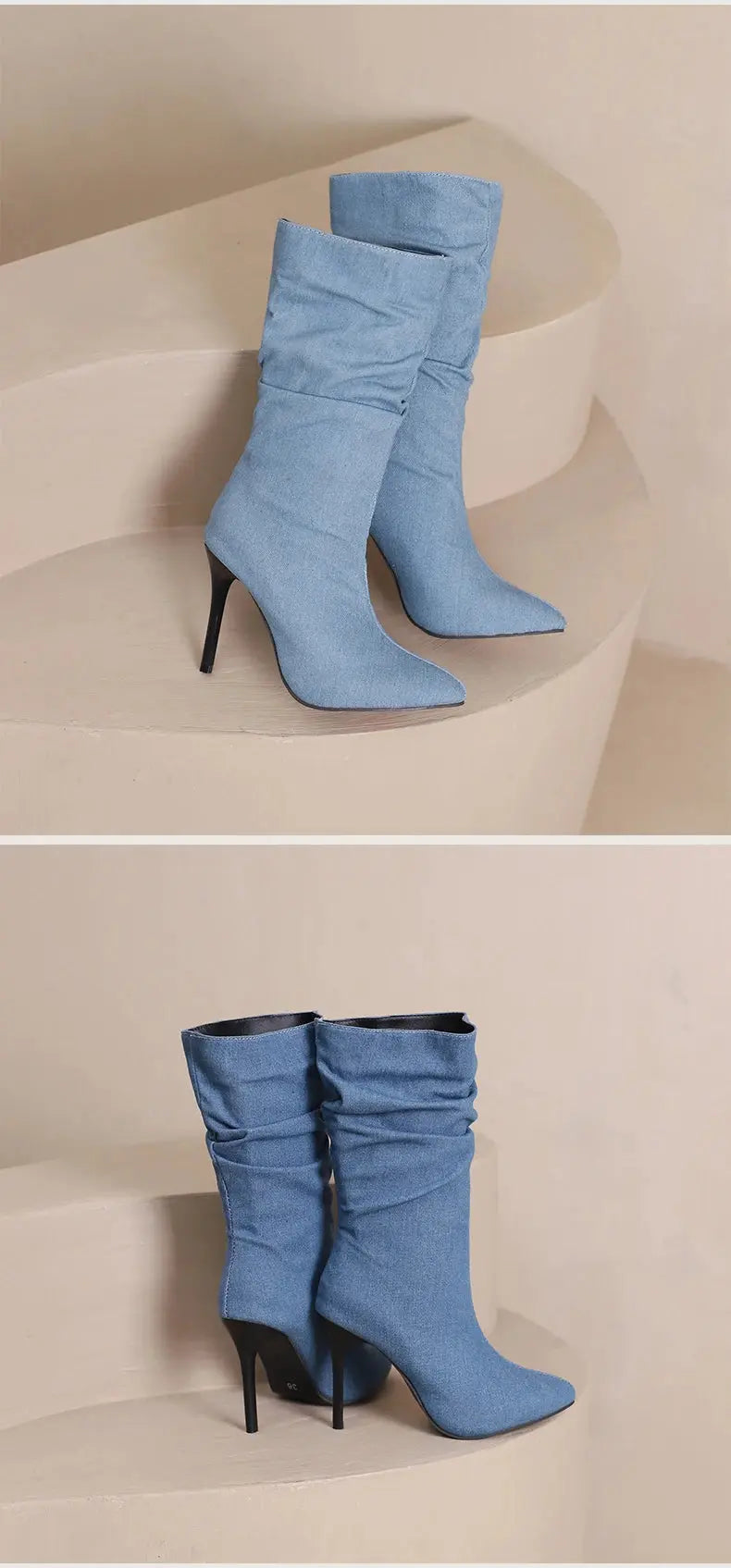 2024 New Plus Size Pointed Toe Ultra-High Slim Heel TPR Sole Light Blue Denim Mid –Calf Boots Pleated Plush Lining Sexy Boots JNi3 shop