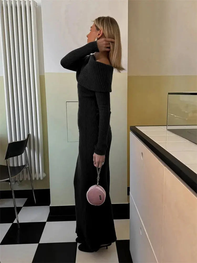 Tossy Fashion Knit Long Dress Off-Shoulder Female Ribbed Loose High Waist Elegant Autumn Party Dress Ladies Knitwear Maxi Dress JNi3 shop