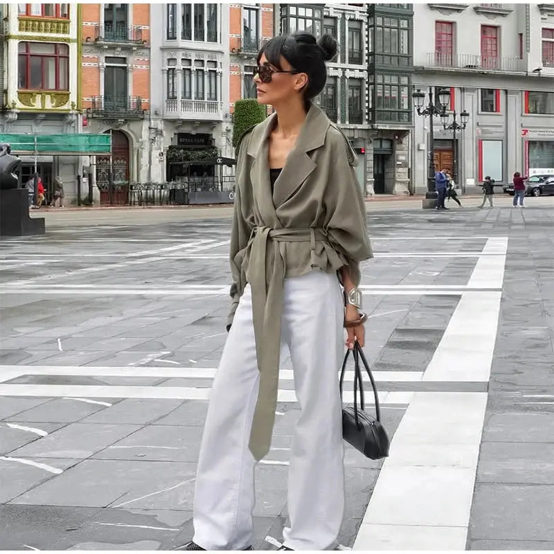 Lace Up Lapel Collar Windbreaker Women Shoulder Pat Long Sleeves Wide Shoulder Coats 2025 Autumn Commute Daily Jacket JNi3 shop