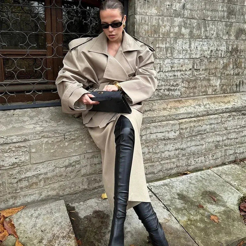 Lace Up Lapel Collar Windbreaker Women Shoulder Pat Long Sleeves Wide Shoulder Coats 2025 Autumn Commute Daily Jacket JNi3 shop