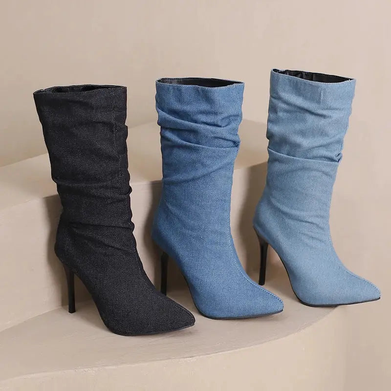 2024 New Plus Size Pointed Toe Ultra-High Slim Heel TPR Sole Light Blue Denim Mid –Calf Boots Pleated Plush Lining Sexy Boots JNi3 shop