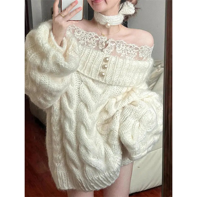 Elegant Slash Neck Sweater Women Fashion Lace Patchwork Knitted Pullovers Korean Oversized Knitwears Winter Long Sleeve Jumpers JNi3 shop