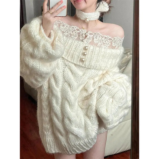 Elegant Slash Neck Sweater Women Fashion Lace Patchwork Knitted Pullovers Korean Oversized Knitwears Winter Long Sleeve Jumpers JNi3 shop