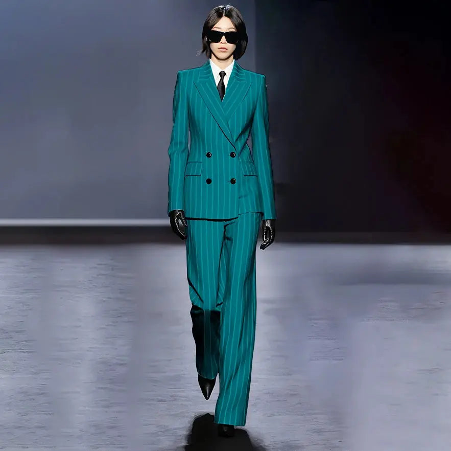 Dark Blue Stripes Women Suit Customized Double-breasted Peak Lapel Two Pieces(Jacket+Pants) Business Office Lady Competent Set JNi3 shop