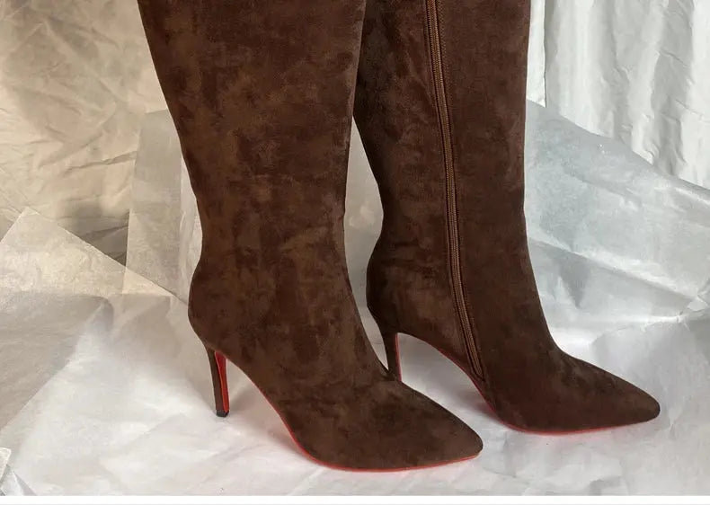 Ods Luxury Designer Sexy Pointed Toe Pole Knee High Brown Black Leather Red Sole Botas Mujer Boots For Women 8 10cm Big JNi3 shop