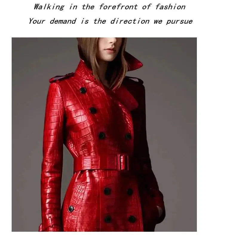 Lautaro Autumn Long Red Crocodile Print Leather Trench Coat for Women Belt Double Breasted Elegant British Style JNi3 shop