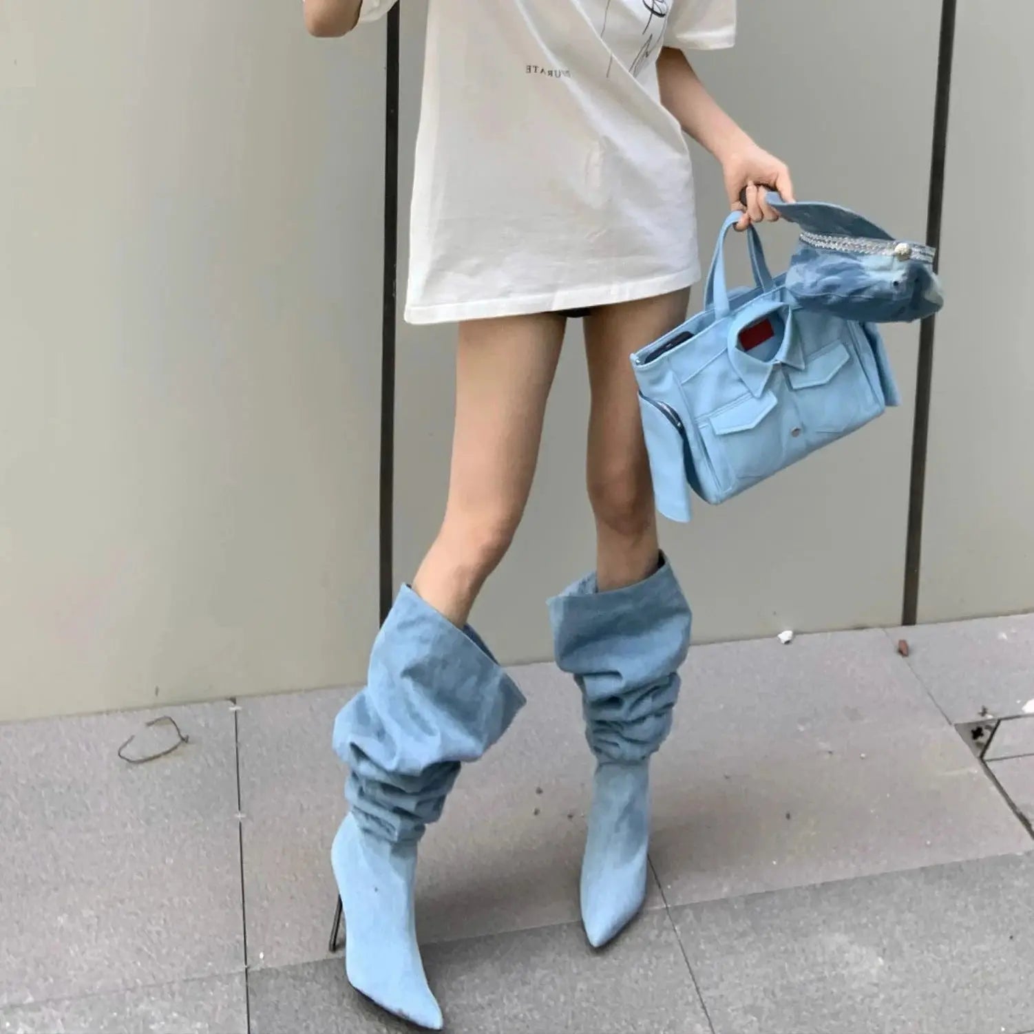 High-Top Western Cowboy Knight Boots Women's Pointed Toe arp Heel Denim Folded  Faionable Spring Summer New Sle JNi3 shop