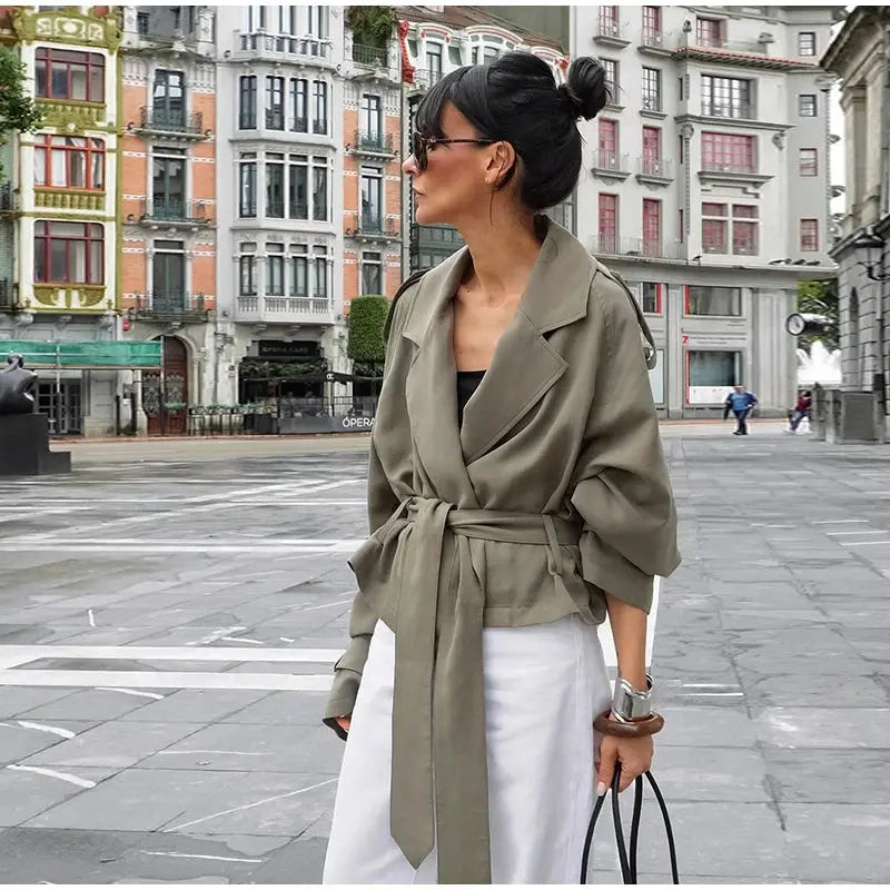 Lace Up Lapel Collar Windbreaker Women Shoulder Pat Long Sleeves Wide Shoulder Coats 2025 Autumn Commute Daily Jacket JNi3 shop