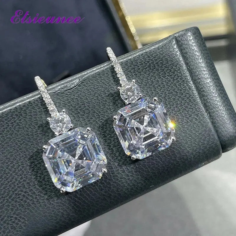ELSIEUNEE 100% 925 Strerling Silver 12*12MM Asscher Cut Sparkling Citrine High Carbon Diamond Drop Earrings for Women Party Gift JNi3 shop