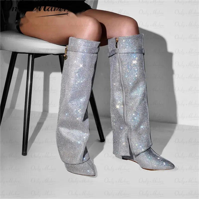 Onlymaker Women Rhinestones Knee High Boots Sexy Party Dress Wedding Shark Lock Bling Buckle Pointed Toe Boots JNi3 shop