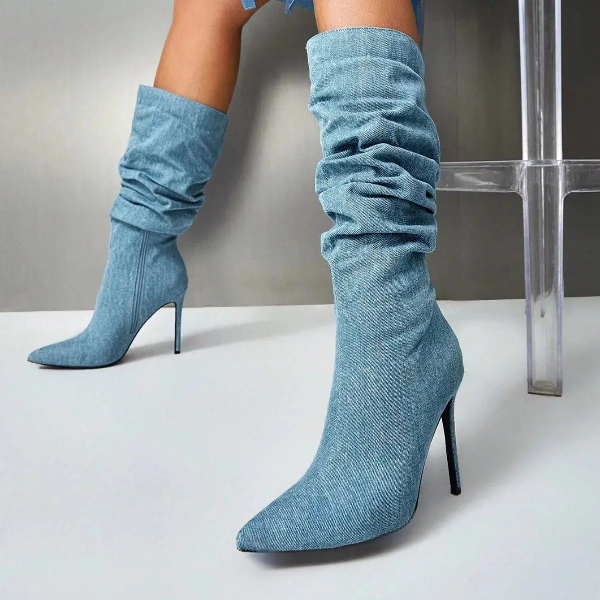 Women's Denim Slouchy Knee High Boots Stiletto Heel Pointed Toe Side Zip Trendy Autumn Winter Fashion Elegant Party Daily Wear JNi3 shop