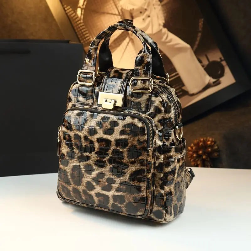 Genuine Leather Travel Backpack Leopard Print Storage Bag Designer Luxury Handbag