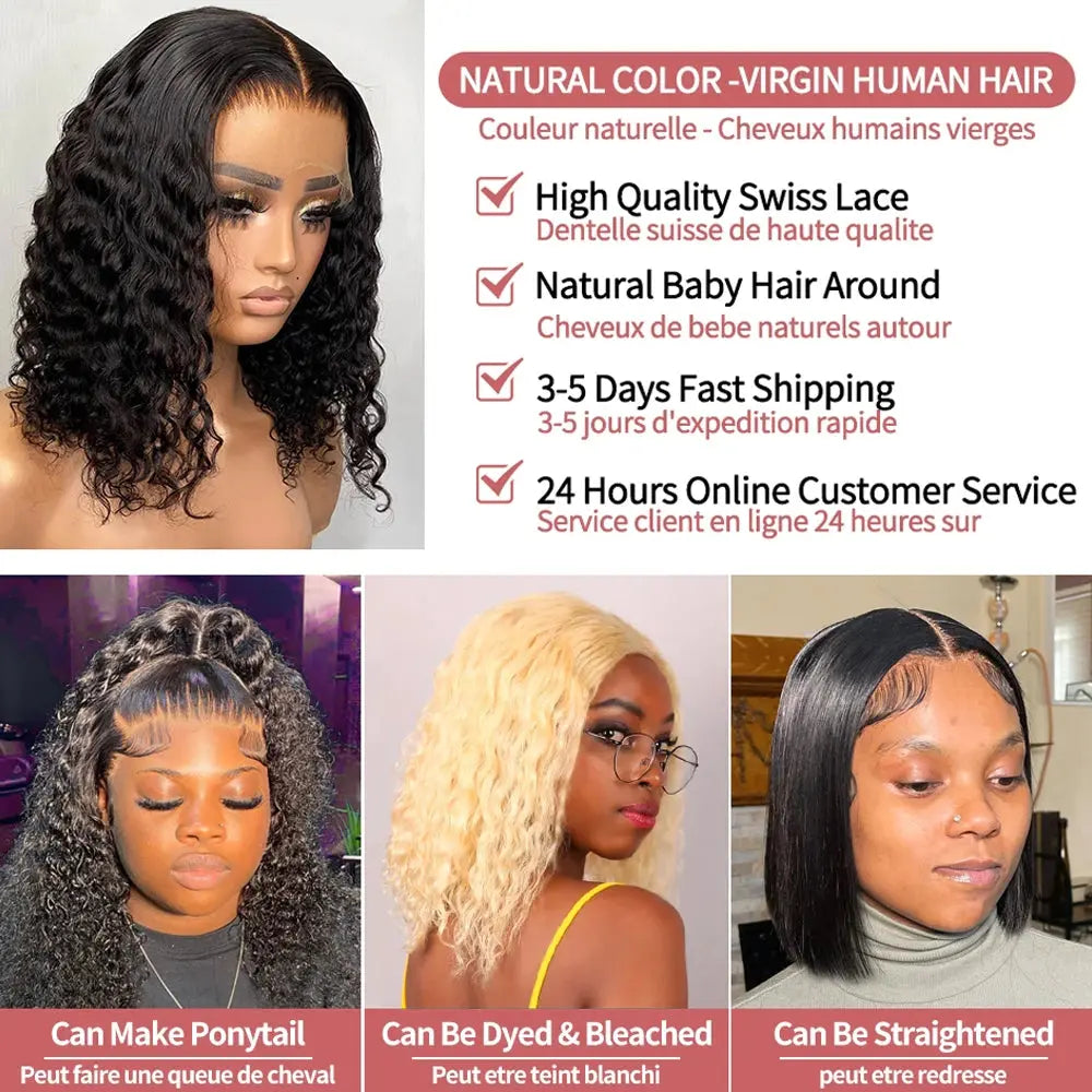 13x6 Short Curly Bob Deep Water Wave Lace Frontal Wigs 7x5 Glueless Wig 100% Human Hair Wig 250% Density 12 14 Inch For Women JNi3 shop