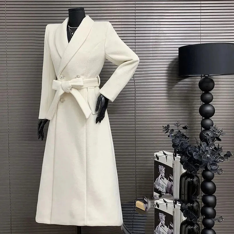 New Elegant White Woolen Coat - Thick Double-Breasted Long Winter/Autumn