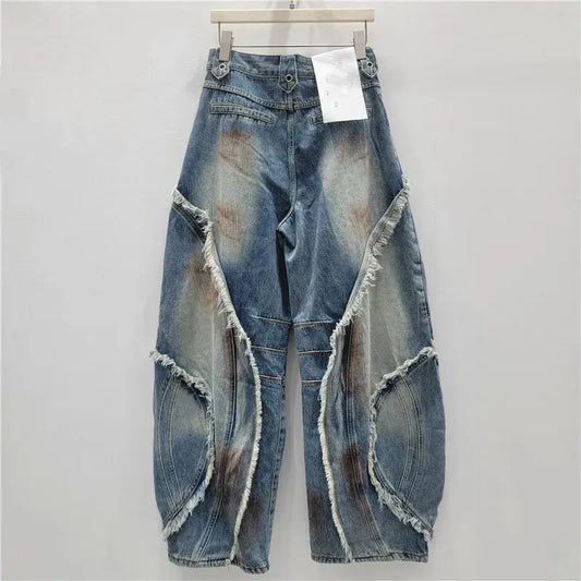 ANJY Autumn Winter New Women American Spicy Girl Patchwork Lace-up Cargo Jeans Fashion Washed Curved Mud-dyed Denim Pants A11682 JNi3 shop