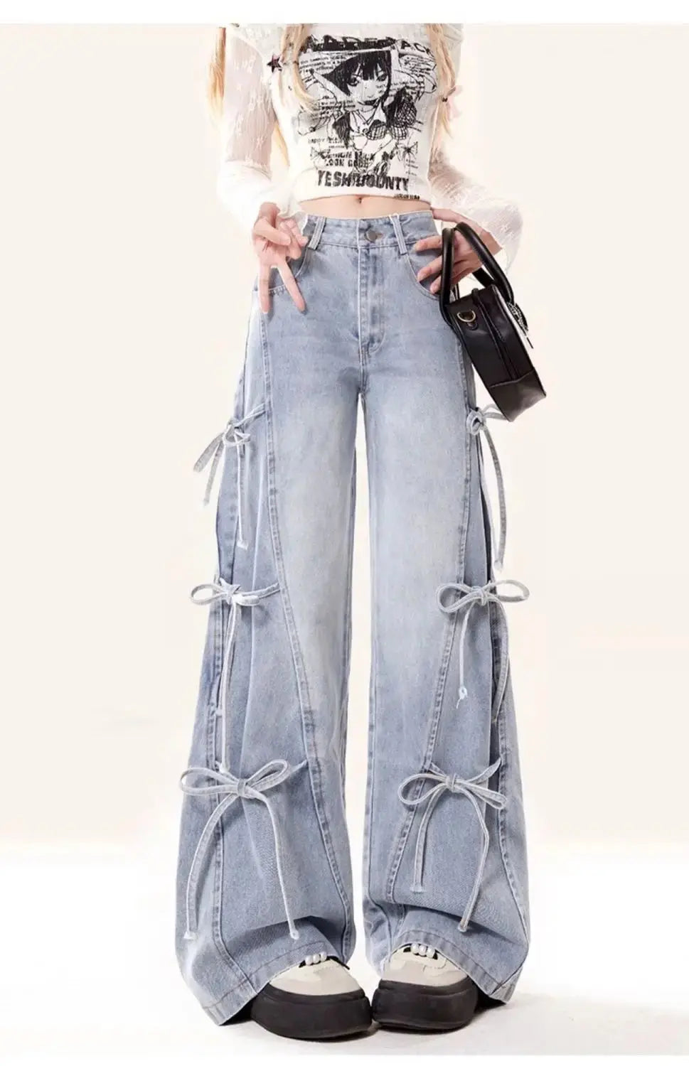 MEXZT Y2K 2000S Jeans Women Vintage Streetwear Bow Bandage Wide Leg Denim Pants Harajuku Korean Baggy Casual Straight Trousers JNi3 shop