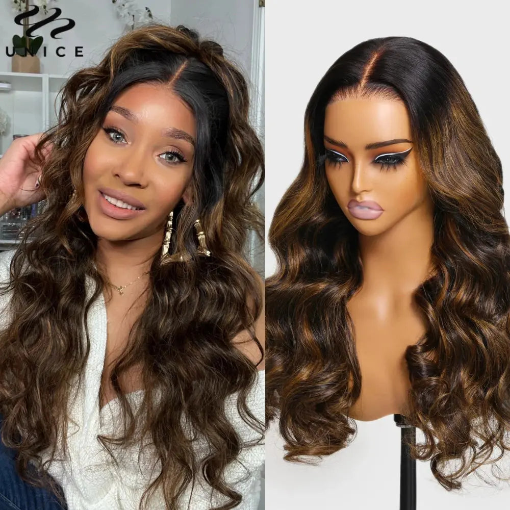 UNice Hair Drawstring Cap 13x4 Human Hair Lace Frontal Wig With Bangs FB30 Balayage Body Wave Wig Pre Everything Glueless Wigs JNi3 shop