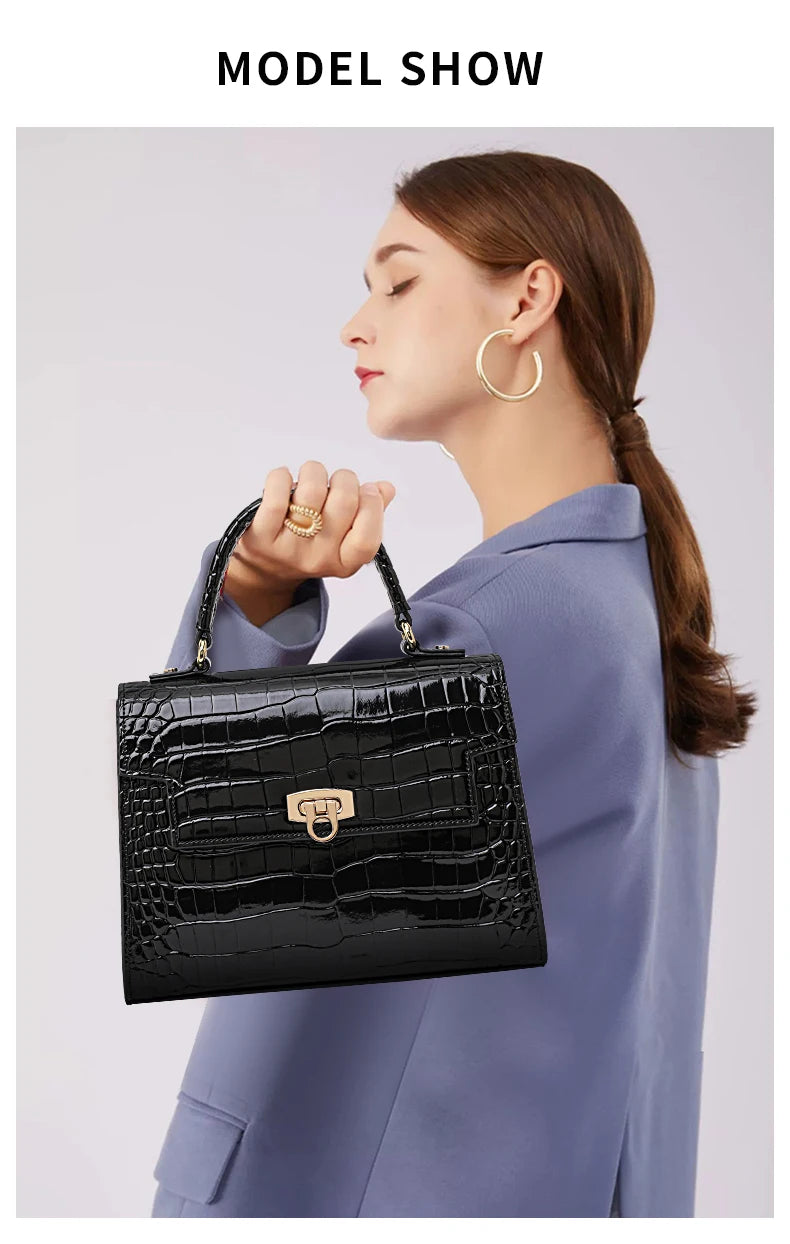 New Lacquer Skin Crocodile Pattern Women's Handbag Top Layer Cowhide Styled High Grade Single Shoulder Crossbody Bag