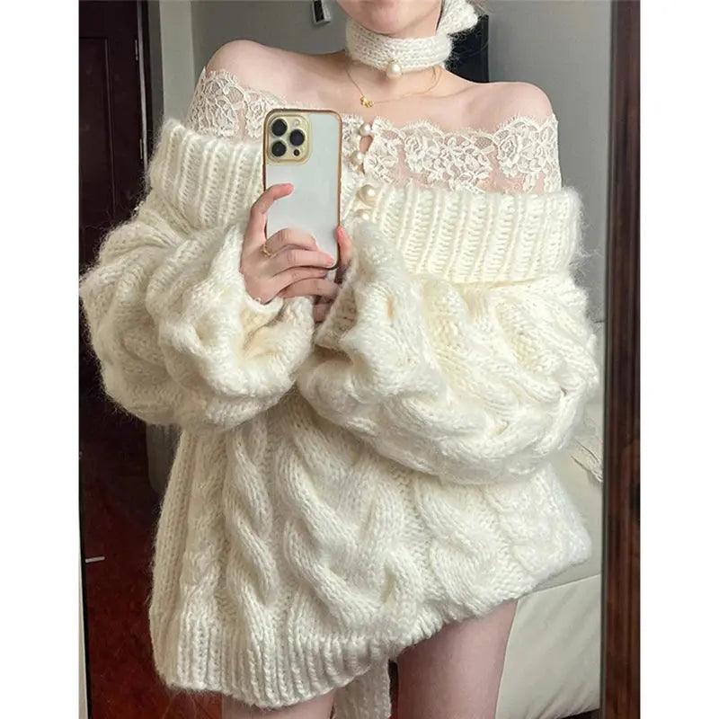 Elegant Slash Neck Sweater Women Fashion Lace Patchwork Knitted Pullovers Korean Oversized Knitwears Winter Long Sleeve Jumpers JNi3 shop