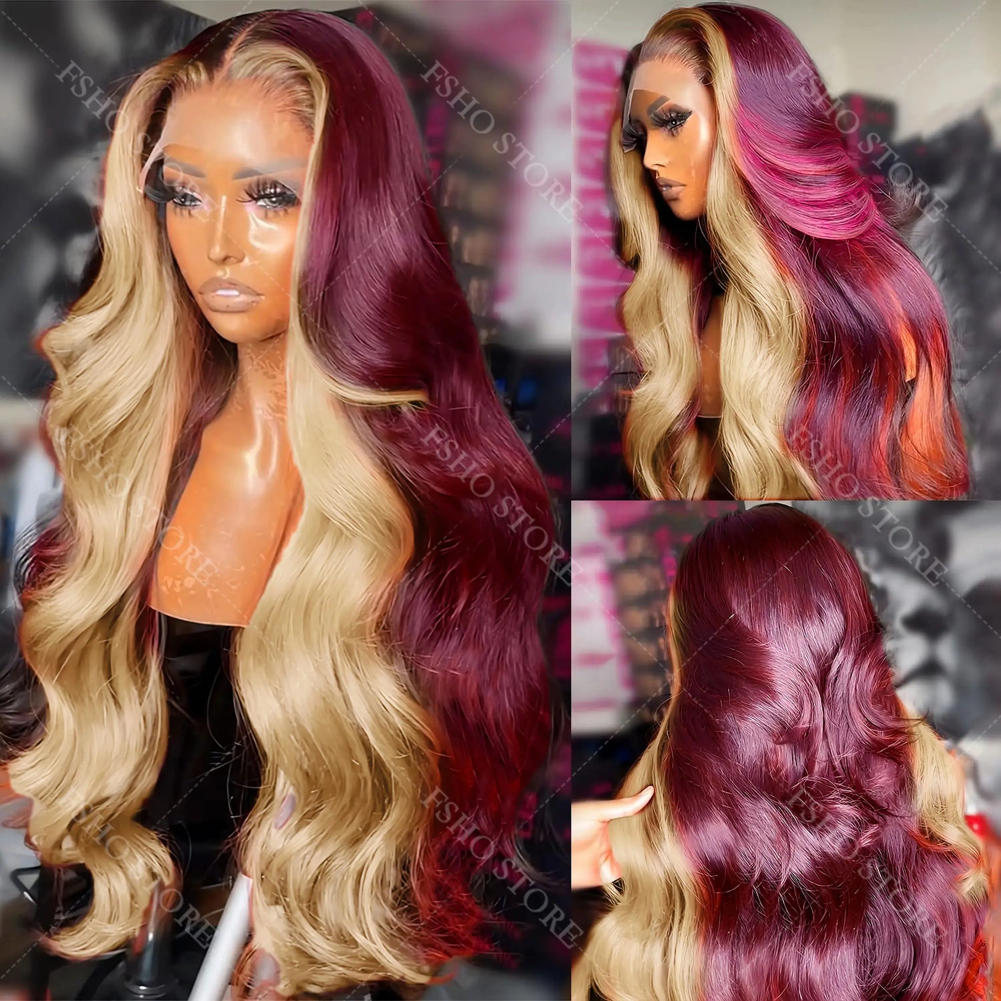 Colored Highlight Hd Transparent Body Wave Lace Front Wigs Omber Blonde With Burgundy Red Human Hair Wigs Brazilian JNi3 shop