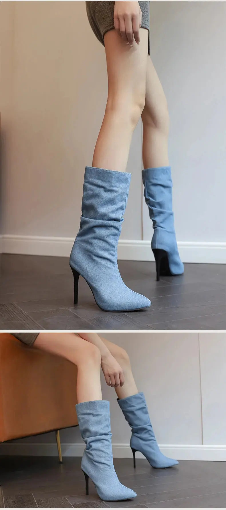 2024 New Plus Size Pointed Toe Ultra-High Slim Heel TPR Sole Light Blue Denim Mid –Calf Boots Pleated Plush Lining Sexy Boots JNi3 shop