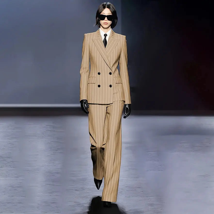 Dark Blue Stripes Women Suit Customized Double-breasted Peak Lapel Two Pieces(Jacket+Pants) Business Office Lady Competent Set JNi3 shop