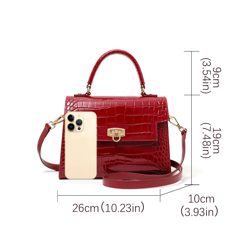 New Lacquer Skin Crocodile Pattern Women's Handbag Top Layer Cowhide Styled High Grade Single Shoulder Crossbody Bag