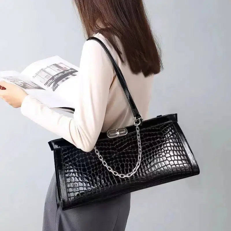 Fashionable Luxury Cowhide Women's Bag 2024 Trend Original Brand Handbag Crocodile Pattern Large Capacity Horizontal Bag JNi3 shop
