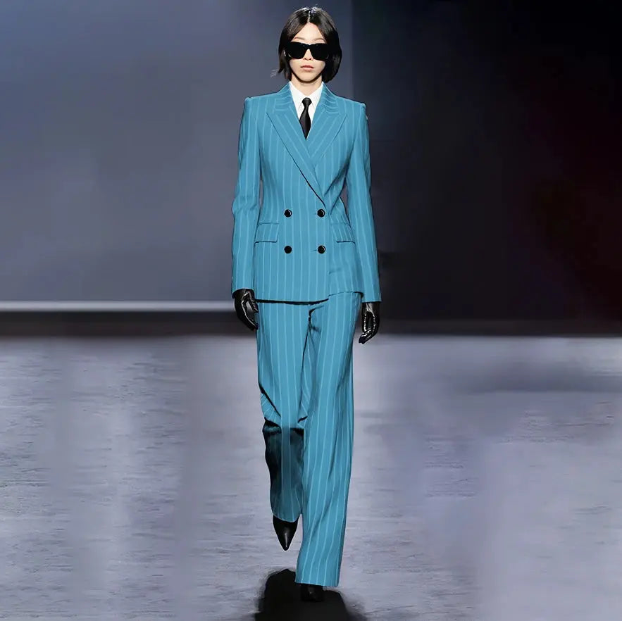 Dark Blue Stripes Women Suit Customized Double-breasted Peak Lapel Two Pieces(Jacket+Pants) Business Office Lady Competent Set JNi3 shop