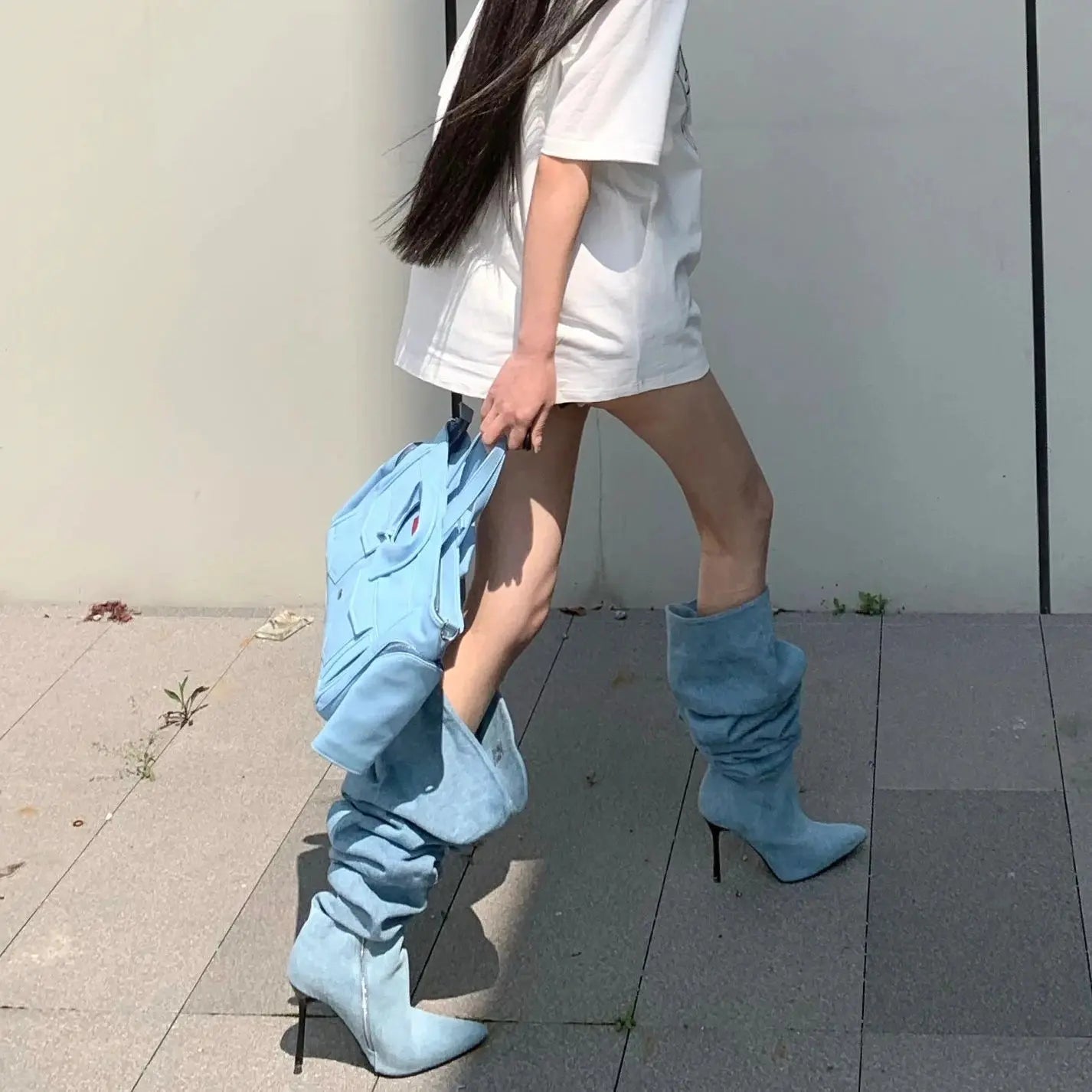 High-Top Western Cowboy Knight Boots Women's Pointed Toe arp Heel Denim Folded  Faionable Spring Summer New Sle JNi3 shop