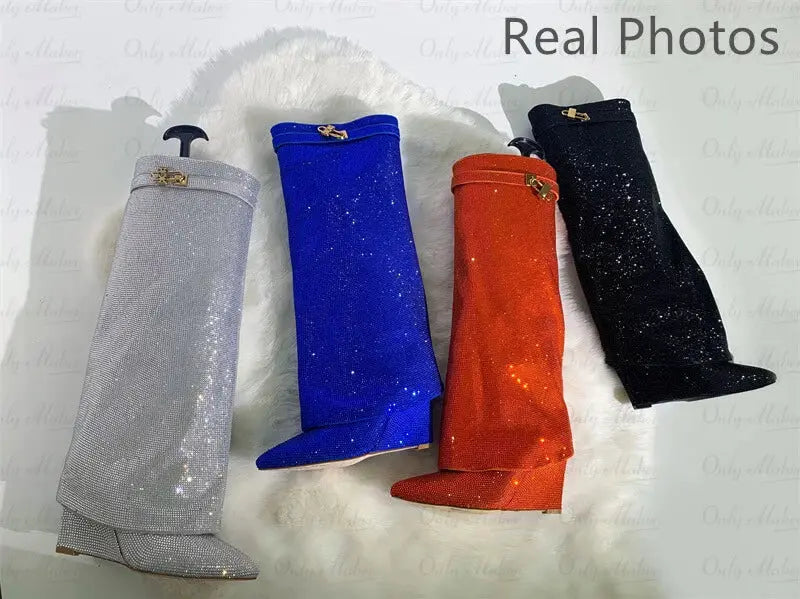 Onlymaker Women Rhinestones Knee High Boots Sexy Party Dress Wedding Shark Lock Bling Buckle Pointed Toe Boots JNi3 shop