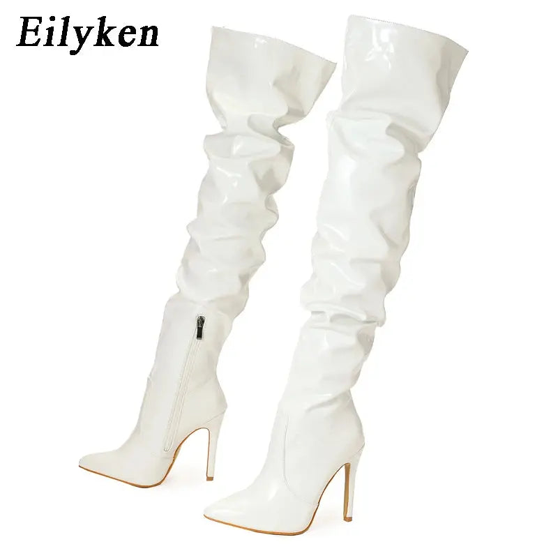 Eilyken Red Women Over The Knee Boots High Heels Patent Leather Solid Pointed Toe Stiletto Side Zipper Sapatos Femininos JNi3 shop