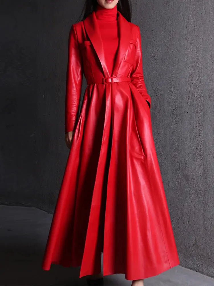 Nerazzurri High Quality Red Black Maxi Pu Leather Trench Coat for Women Extra Long Skirted Elegant Overcoat Fashion 5xl 6xl 7xl JNi3 shop
