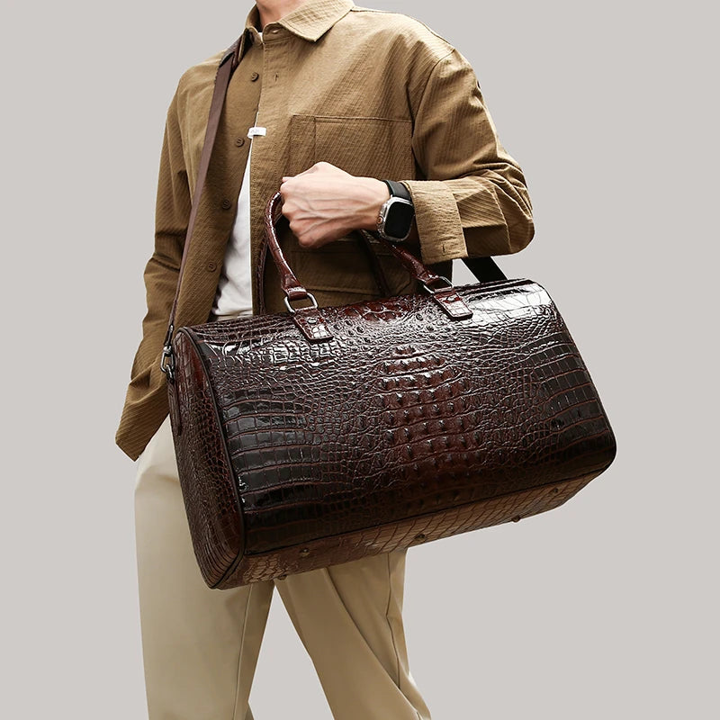 Men’s Luxury Crocodile Pattern Travel Duffel – Large Capacity Glossy Alligator Embossed Weekender & Business Luggage