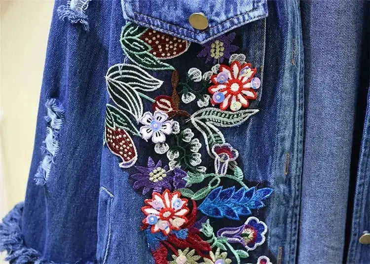 Spring Autumn Loose Vintage Flower Embroidered Denim Jacket Women Single-breasted Casual Raw Fringe Hole Jeans Jackets Female JNi3 shop