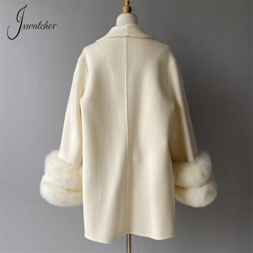 Jxwatcher Women's Wool Coats with Real Fur Cuffs Ladies Fall Fashion Wool & Blend Coats Elegant Winter Outerwear