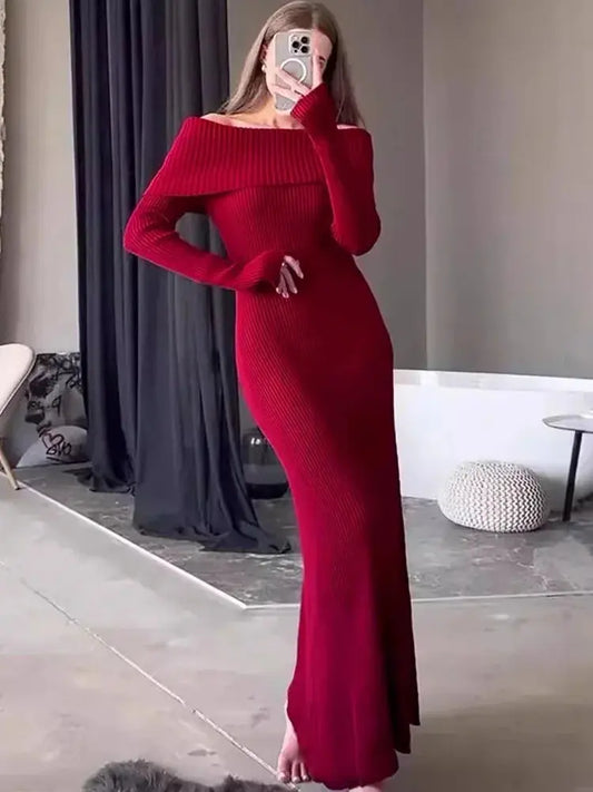 Tossy Fashion Knit Long Dress Off-Shoulder Female Ribbed Loose High Waist Elegant Autumn Party Dress Ladies Knitwear Maxi Dress JNi3 shop